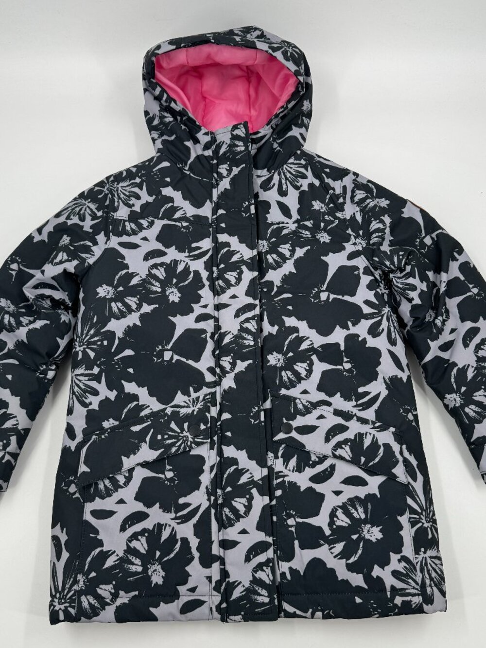 Roxy Girl Puffer Jacket Girls Size 7/8 Black White Floral Insulated Hooded Parka